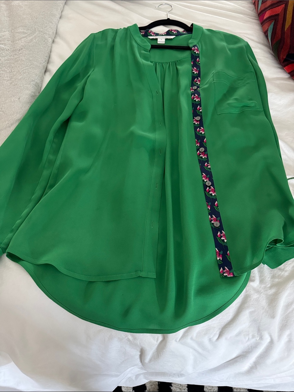 Diane Von Furstenberg Green Silk Blouse with Navy Floral Trim